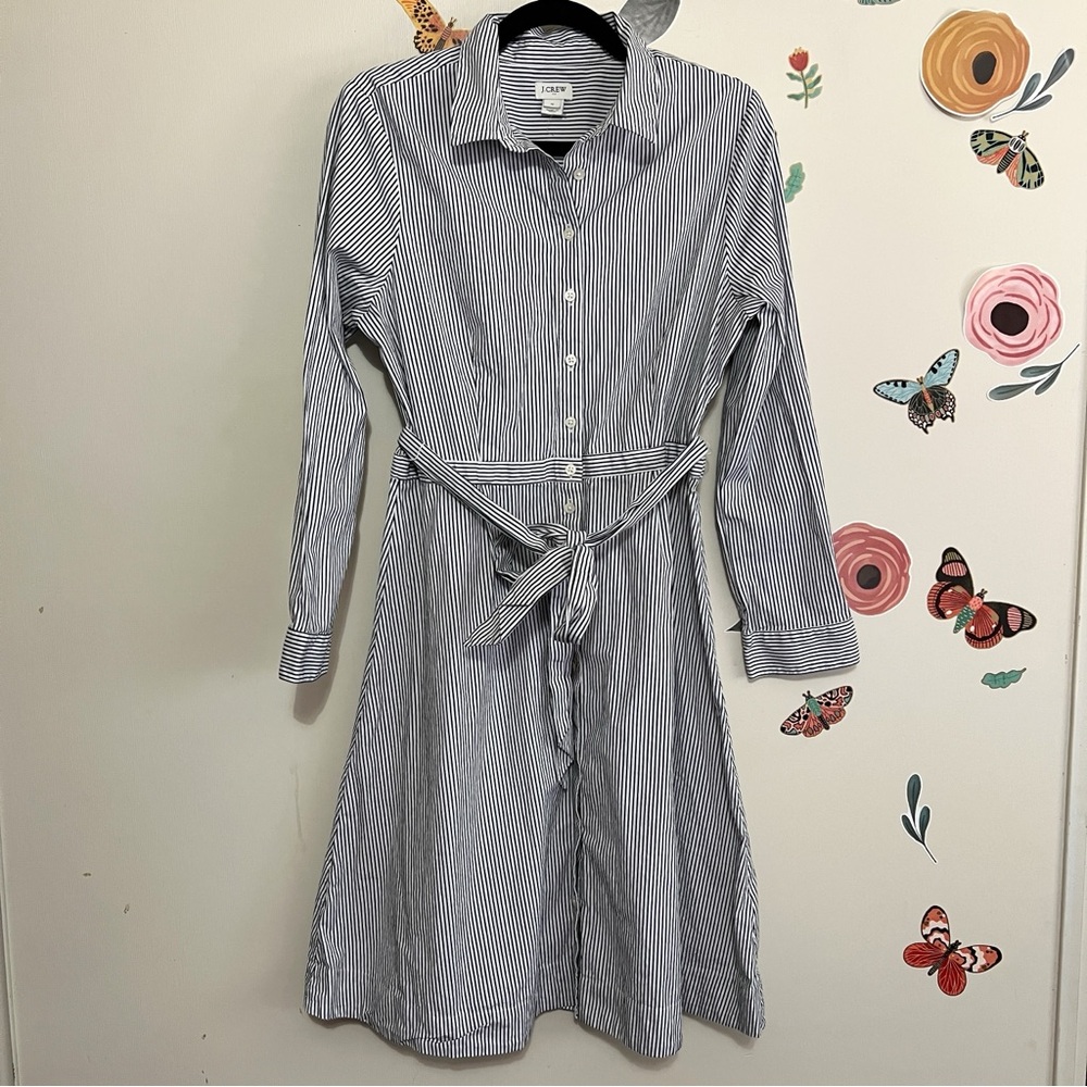 J. Crew Navy Striped  Tie-waist shirtdress in cotton poplin 12